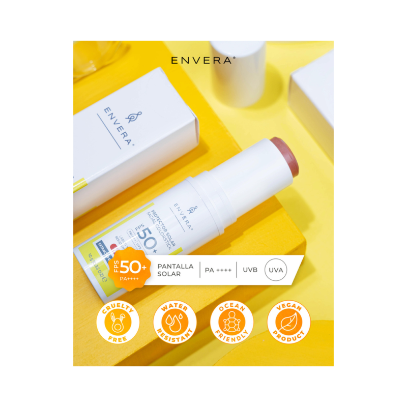 Protector Solar Facial 10gr en Barra con Color (Peachy) FPS 50+ UVA/UVB, PA++++ | Bloqueador Solar y Color para Mejillas, Párpados, Labios | Skincare Vegano y Cruelty Free | ENVERA
