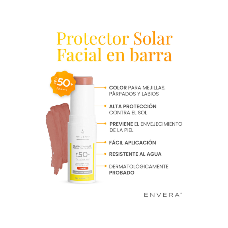 Protector Solar Facial 10gr en Barra con Color (Peachy) FPS 50+ UVA/UVB, PA++++ | Bloqueador Solar y Color para Mejillas, Párpados, Labios | Skincare Vegano y Cruelty Free | ENVERA