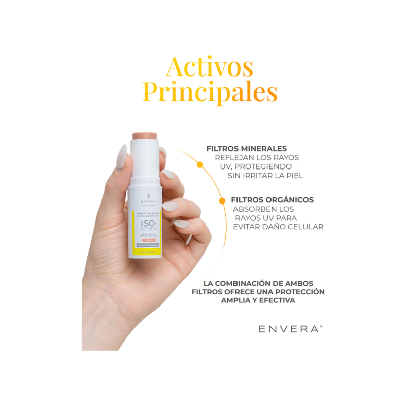 Protector Solar Facial 10gr en Barra con Color (Peachy) FPS 50+ UVA/UVB, PA++++ | Bloqueador Solar y Color para Mejillas, Párpados, Labios | Skincare Vegano y Cruelty Free | ENVERA